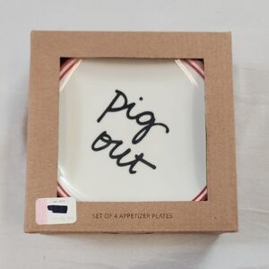 Formation Brands White Red Set Of 4x Appetizer Plates Black Text "Pig Out" NWT